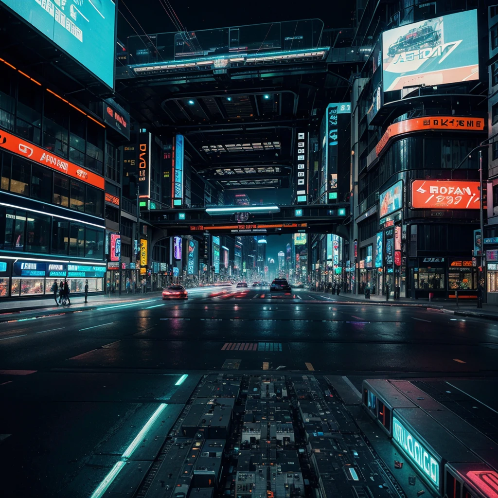 Produce a futuristic cityscape at night with neon lights, flying cars, and holographic billboards. Capture the essence of a bustling metropolis with advanced technology and innovative architectural designs