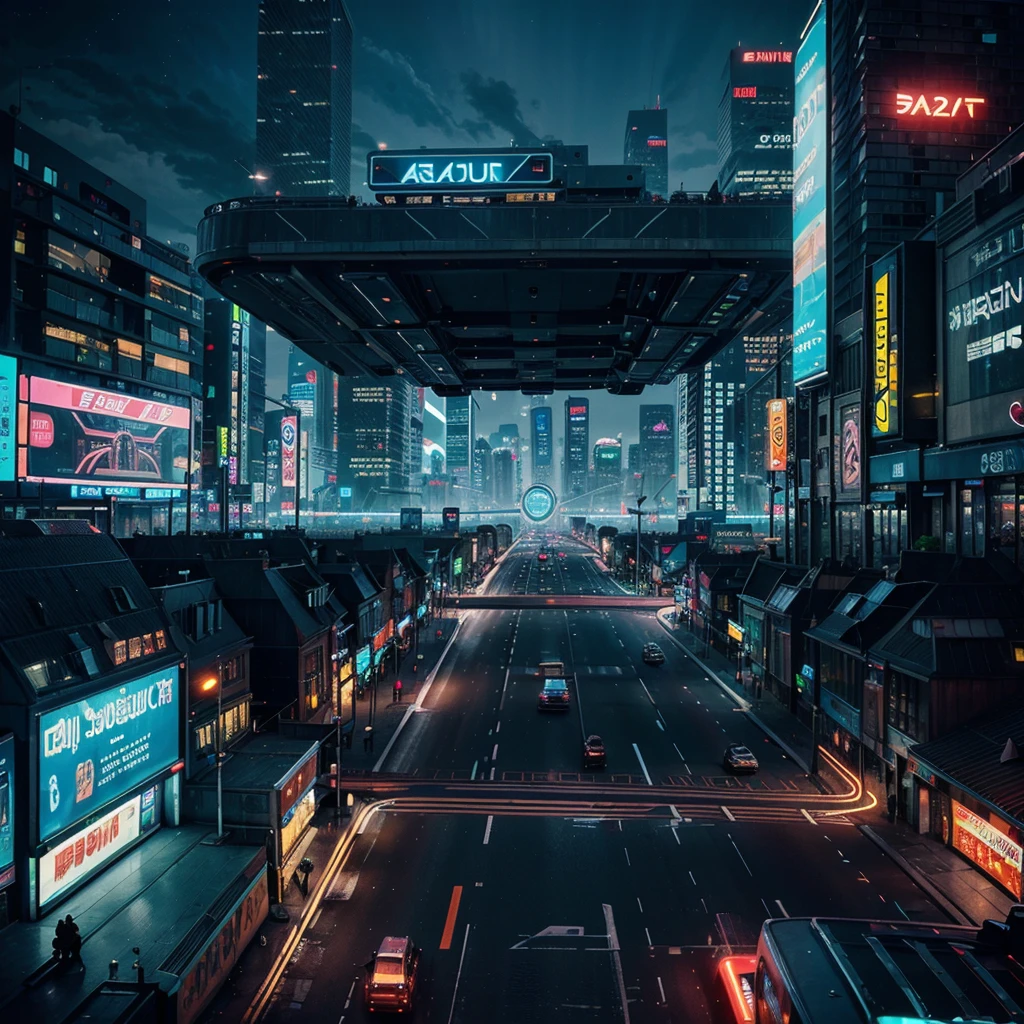 Produce a futuristic cityscape at night with neon lights, flying cars, and holographic billboards. Capture the essence of a bustling metropolis with advanced technology and innovative architectural designs