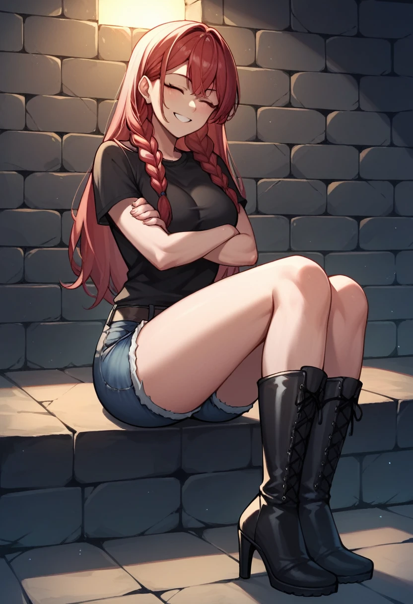 score_9, score_8_up, score_7_up, score_6_up, score_5_up, score_4_up, source_anime, 1girl,sit, smile, red hair, braids, close eyes, w-w-chain, crossed arms, long hair, black shirt, jeans shorts, very high boots, black boots, heels, night, dungeon, best quality, best res, 4K UHD,
 