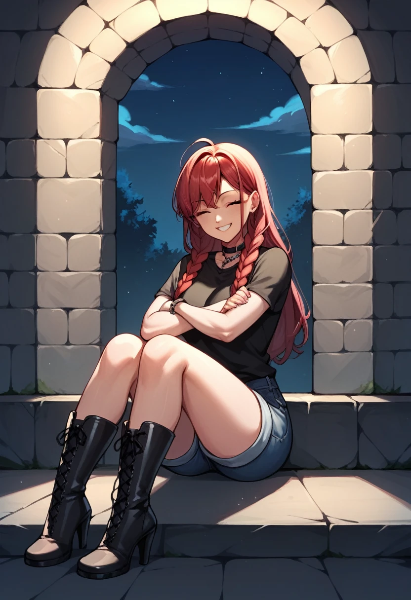 score_9, score_8_up, score_7_up, score_6_up, score_5_up, score_4_up, source_anime, 1girl,sit, smile, red hair, braids, close eyes, w-w-chain, crossed arms, long hair, black shirt, jeans shorts, very high boots, black boots, heels, night, dungeon, best quality, best res, 4K UHD,
 