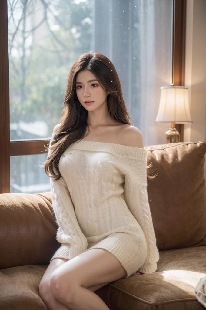 a stunningly realistic, high resolution 8K photo of a beautiful 30-year-old woman with medium long hair and a glamorous figure, sit on the sofa, indoor, dress, dramatic lighting, masterpiece, immersive atmosphere, chiaroscuro:(1.5, bright light:1.2, luminous lighting), (background blur:1.5), blurring, best quality, photorealistic, ultra-detailed, HDR, physically-based rendering, studio lighting, vivid colors, bokeh, (real skin texture:1.3), high contrast, (High-end interior:0.6), (fur carpet), (fireplace:1), (window, outside snowing), (neckline), (oversized_sweater:1.2)