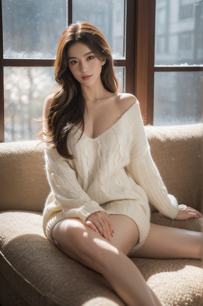 a stunningly realistic, high resolution 8K photo of a beautiful 30-year-old woman with medium long hair and a glamorous figure, sit on the sofa, indoor, dress, dramatic lighting, masterpiece, immersive atmosphere, chiaroscuro:(1.5, bright light:1.2, luminous lighting), (background blur:1.5), blurring, best quality, photorealistic, ultra-detailed, HDR, physically-based rendering, studio lighting, vivid colors, bokeh, (real skin texture:1.3), high contrast, (High-end interior:0.6), (fur carpet), (fireplace:1), (window, outside snowing), (neckline), (oversized_sweater:1.2)