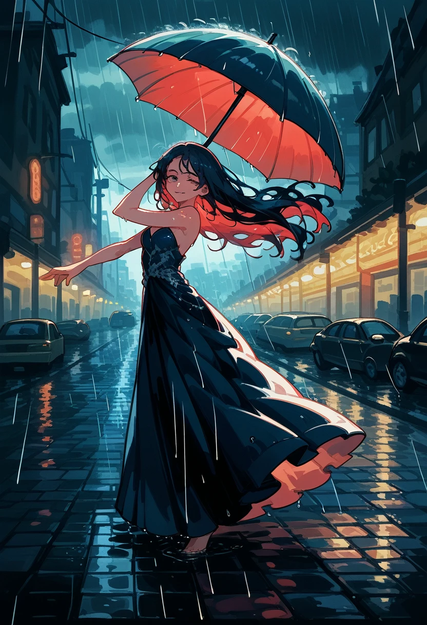 Vibrant, dynamic, carefree, joyful, mesmerizing, woman, dancing, rain, umbrella, city, night, streetlights, reflections, puddles, raindrops, mist, fog, soft, warm, golden, lighting, atmospheric, moody, cinematic, stunning, beautiful, captivating, enchanting, alluring, seductive, mysterious, dreamy, ethereal, whimsical, romantic, nostalgic, melancholic, introspective, emotive, expressive, artistic, creative, imaginative, vivid, colorful, detailed, realistic, high-quality, intricate, ornate, luxurious, refined, polished, sophisticated, 