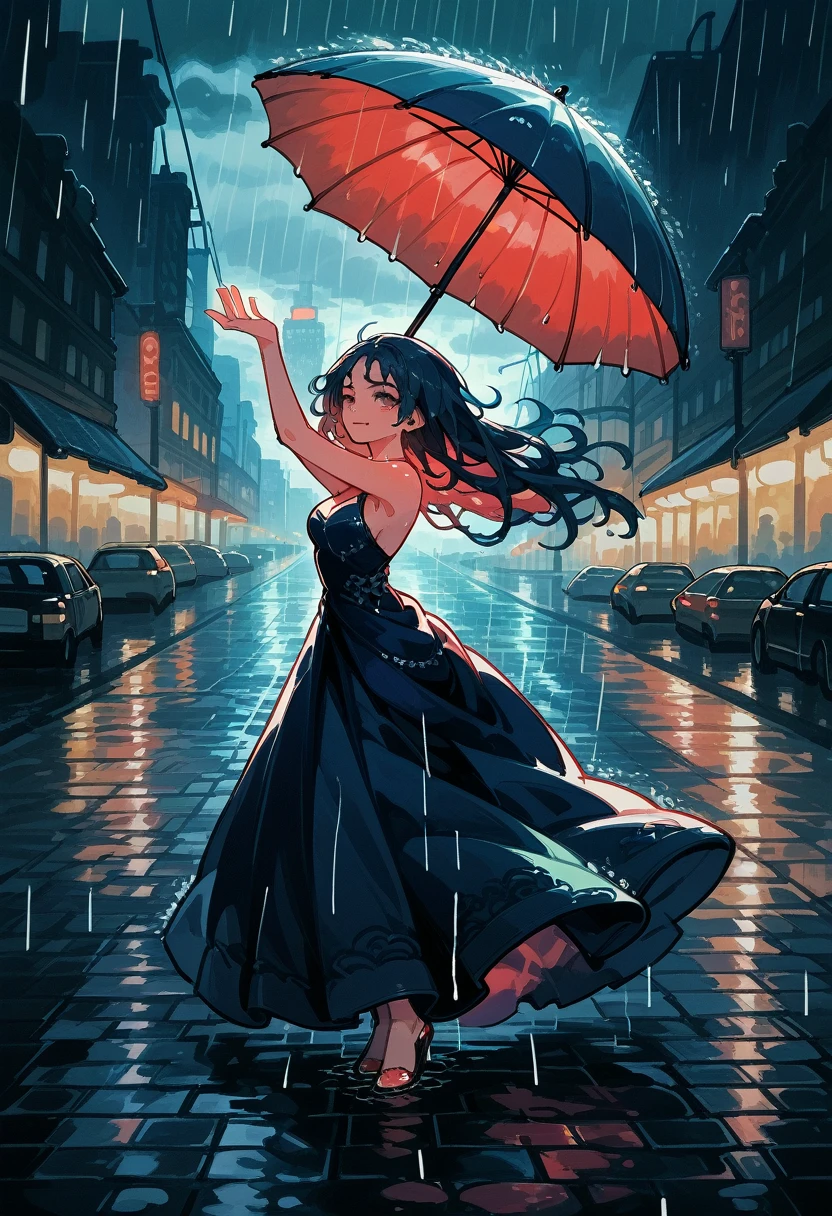 masterpiece, stunning, detailed, cinematic, 8k resolution,  beautiful woman, elegant, graceful,  flowing dress, long hair, wet hair,  smiling,  dancing,  rain,  city street,  night,  neon lights,  rain puddles,  cobblestone streets,  colorful umbrella, dynamic pose, motion blur,  soft lighting,  glowing,  rain streaks,  warm colors,  cityscape,  streetlights,  glowing neon signs,  sparkling raindrops,  rain-soaked streets,  shadow and light contrast,  vivid colors,