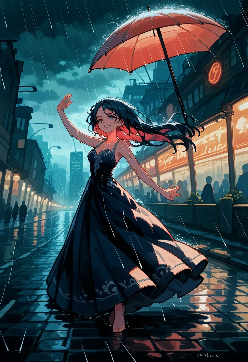 masterpiece, stunning, detailed, cinematic, 8k resolution, beautiful woman, elegant, graceful, flowing dress, long hair, wet hair, smiling, dancing, rain, city street, night, neon lights, rain puddles, cobblestone streets, colorful umbrella, dynamic pose, motion blur, soft lighting, glowing, rain streaks, warm colors, cityscape, streetlights, glowing neon signs, sparkling raindrops, rain-soaked streets, shadow and light contrast, vivid colors,