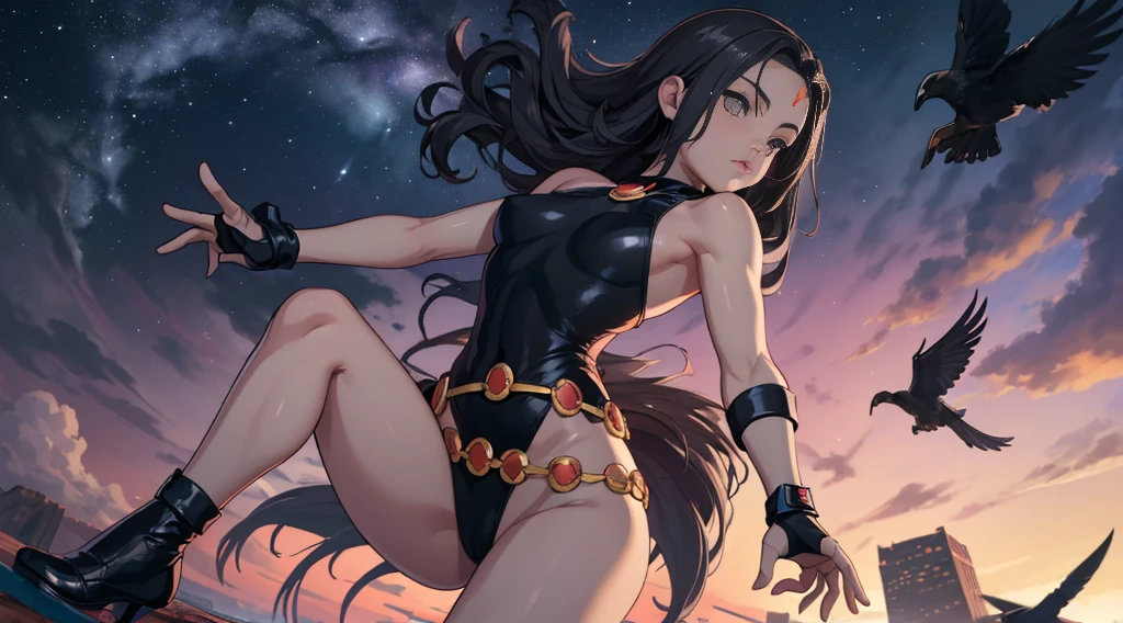 (masterpiece, Best quality:1.2),  crow, 1 girl, One, breast, medium breast, gloves, belt, fingerless gloves, e.g, swimsuit, colored leather, high leg, black swimsuit, high leg swimsuit, gray skin, gem on forehead, loose belt, on open air, flying, night sky, skyline, sky,