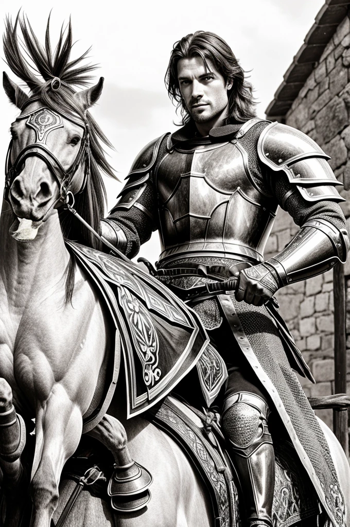 Knight holding sword in hand riding a muscular horse colouring pages 