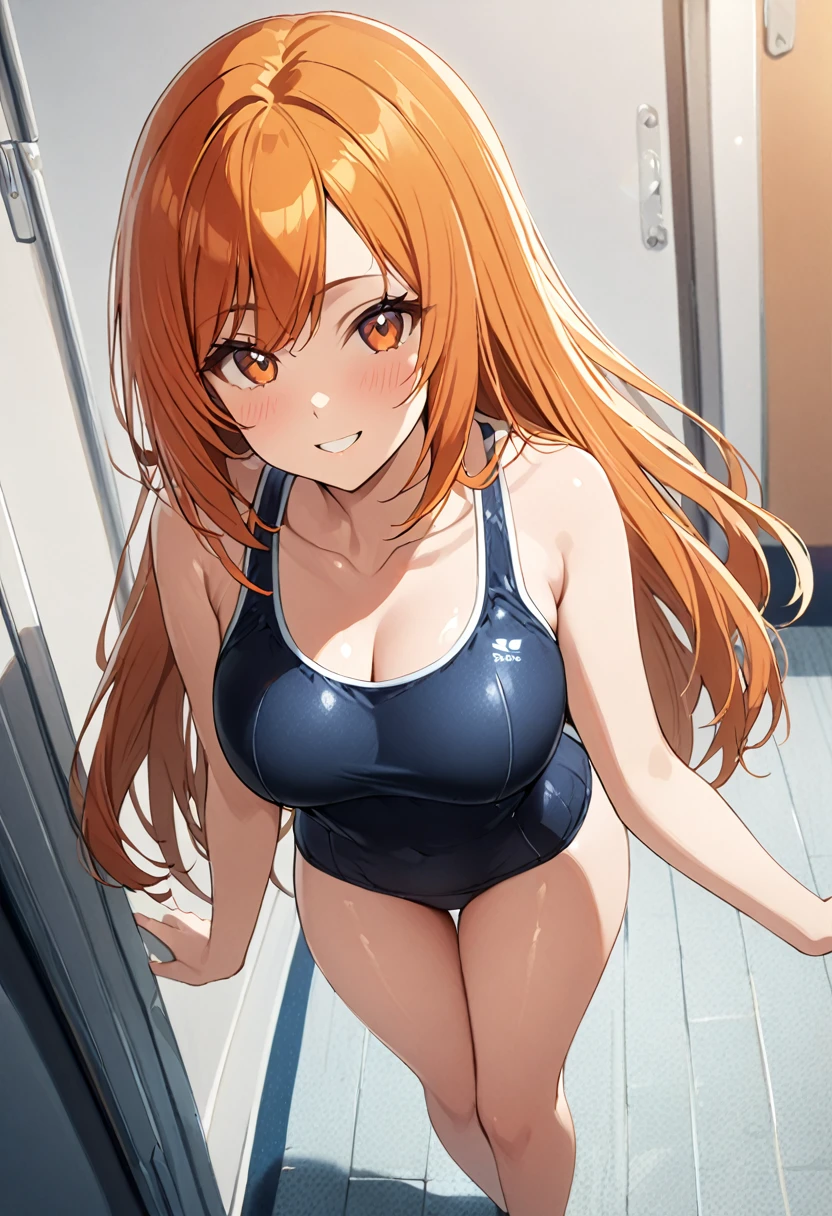 1 girl, (solo:1.2), tall girl, long orange hair, straight hair ,orange eyes, (high school student), (), (Full Breasts), (thighs), High Height,masterpiece, high resolution, shiny, full body, beautiful,A cute smile that makes the viewer happy, highly detailed beautiful face and eyes,looking at viewer, (school swimsuit:1.2),