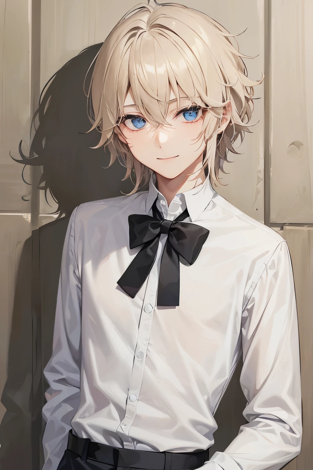 1boy,18 years old,Blue eyes, blonde hair, messy hair, shoulder length hair, white shirt, black trousers, black ribbon tie,Smile, ultra detail, ultra HD,masterpiece, 4k