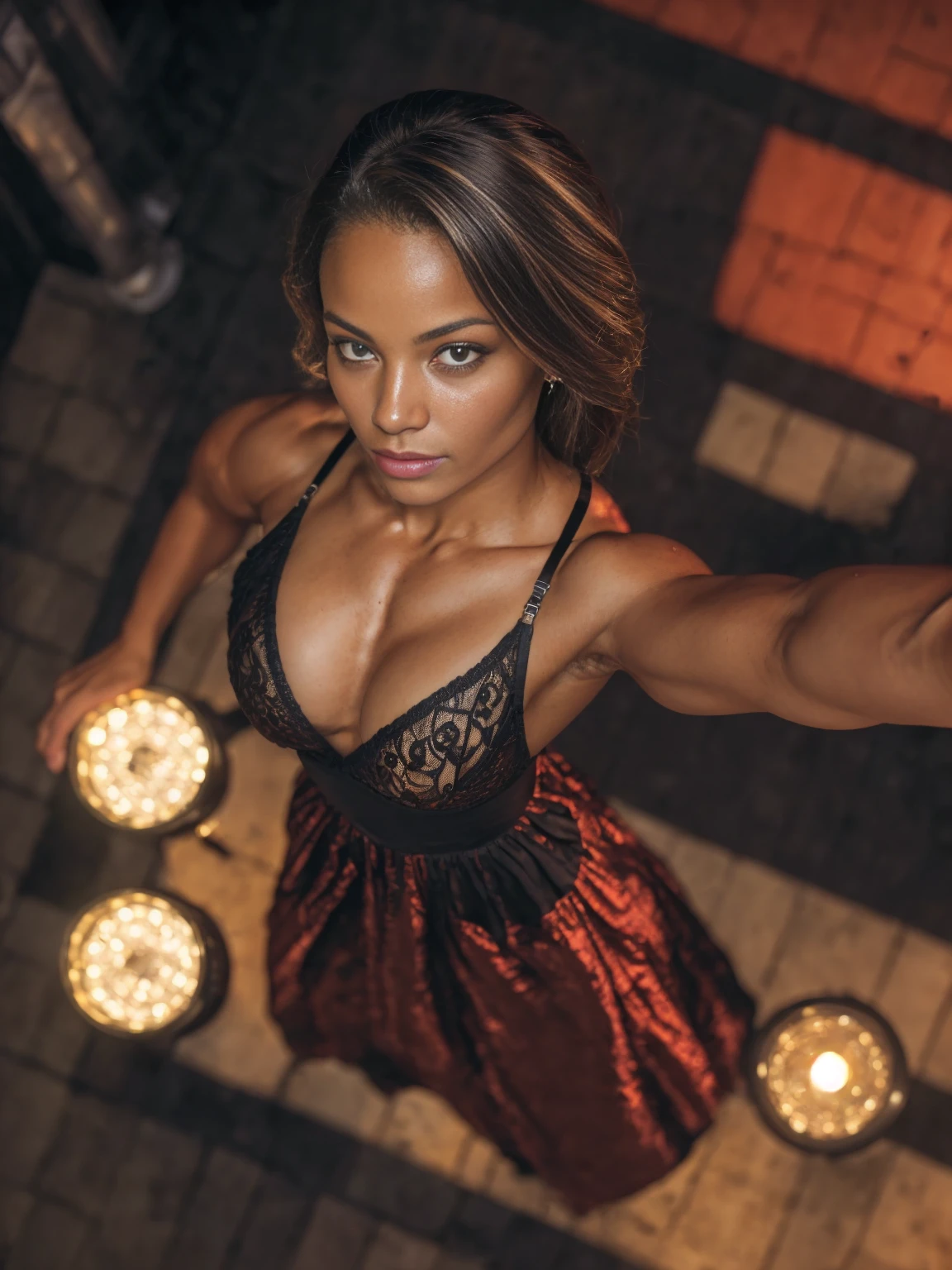 (selfie shot, from above:1.8), RAW UHD portrait photo of an 18-year-old blonde in lingerie, walking down a dark alley, (muscular woman:1.7), natural breast, Bizeps, night city background, (Red summer dress), (Decollete), Detailed (Textures!, balck hair!, shine, colour!!, Imperfections:1.1), highly Detailed glossy eyes, Head Leaning Back, (looking at the camera), specular lighting, dslr, Ultra quality, keen focus, Thanks sharp, Depth of field, film grain, (centered), Fujifilm XT3, crystal clear, Center of the frame, cute face, keen focus, Street lamp, neon lights, bokeh, (dimly lit), reserved, in the night time, (night sky)  Detailed skin pores, oiled skin, tan, intricate eye details, six-pack, Belly-free