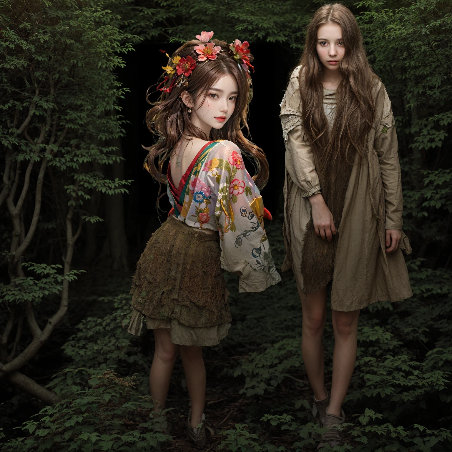 Girl standing in the middle of the forest with ancient trees
