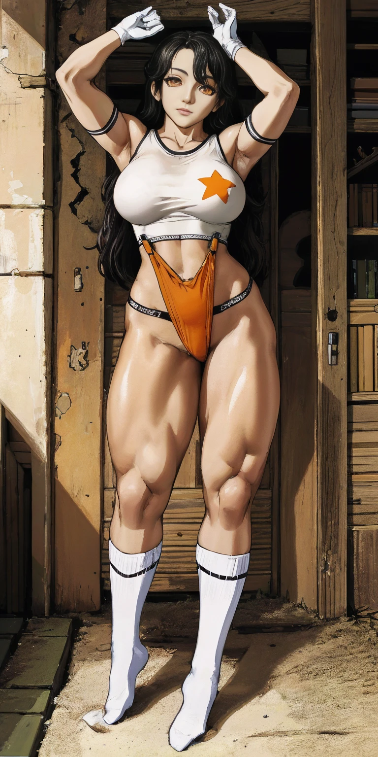 Female funger lying in bed, full body, standing, straight, symmetrical, looking at the viewer, very detailed illustration, 1solitaria, big breasts, high resolution, high quality, Masterpiece, looking at the viewer (female knight), Orange long hair, absurdities, ultra detailed, (8k, Best Quality, Masterpiece:1.2) (realist, fotorrealista:1.37) (whole body) legs apart (wide stance) standing in front, ultra detailed, 1 girl,beautiful, alone (feminine works) (big breasts:1.5) (Beautiful detailed eyes) (SMILE:1.2) (Closed mouth), sharp focus, depth of field, Good composition, very long straight hair, hair explosion ((Orange_eyes)) intricate, bokeh (Tetsuya Nomura style) perfect breasts, White tank top, black thong, suspenders, gloves, socks, Toned body, athletic, Wide hips, thin waist, toned arms, exposed abdomen