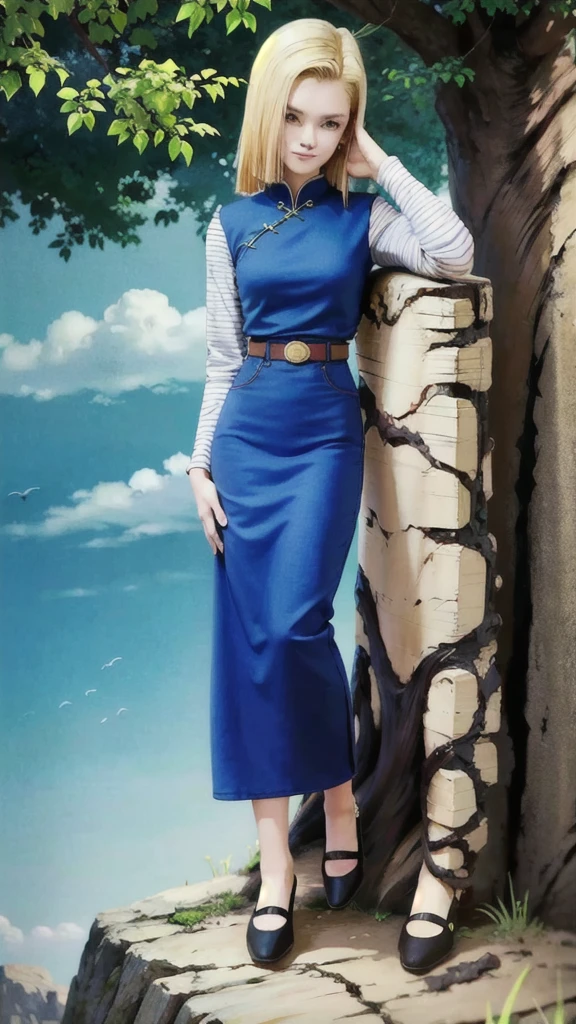 android 18,blonde hair,(((long hair))),blue eyes,(long slit red sexy cheongsam), (Red),looking at the audience,face smile,close-up,river,rock,tree,blue sky,high quality,masterpiece,sexy body, sexy Red Dress, red,perfect big breasts, Hyperrealistic intricate detail, Cinematic, 8K resolution, 70mm, Accent Lighting, Global Illumination, Full body portrait, clean detailed faces,
