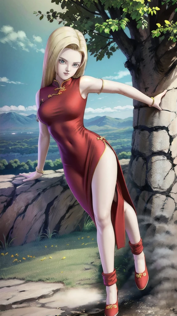 android 18,blonde hair,(((long hair))),blue eyes,(long slit red sexy cheongsam), (Red),looking at the audience,face smile,close-up,river,rock,tree,blue sky,high quality,masterpiece,sexy body, sexy Red Dress, red,perfect big breasts, Hyperrealistic intricate detail, Cinematic, 8K resolution, 70mm, Accent Lighting, Global Illumination, Full body portrait, clean detailed faces,