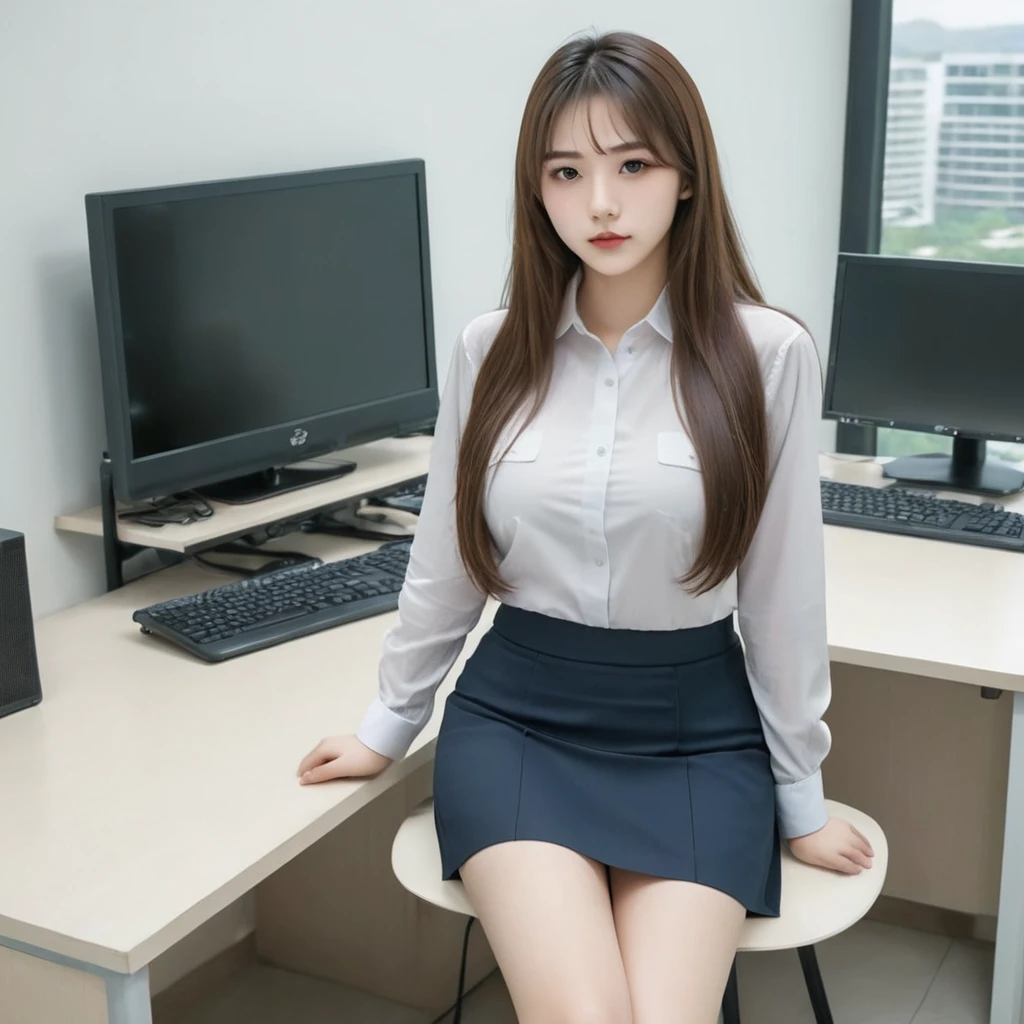 One person,Detailed office,Sitting,Big big breasts,Beautiful attention to detail,shirt,skirt,Long Hair,Delicate hair、sexy、Are fat、Big big ass、PC Monitor、looking at the camera、18-year-old