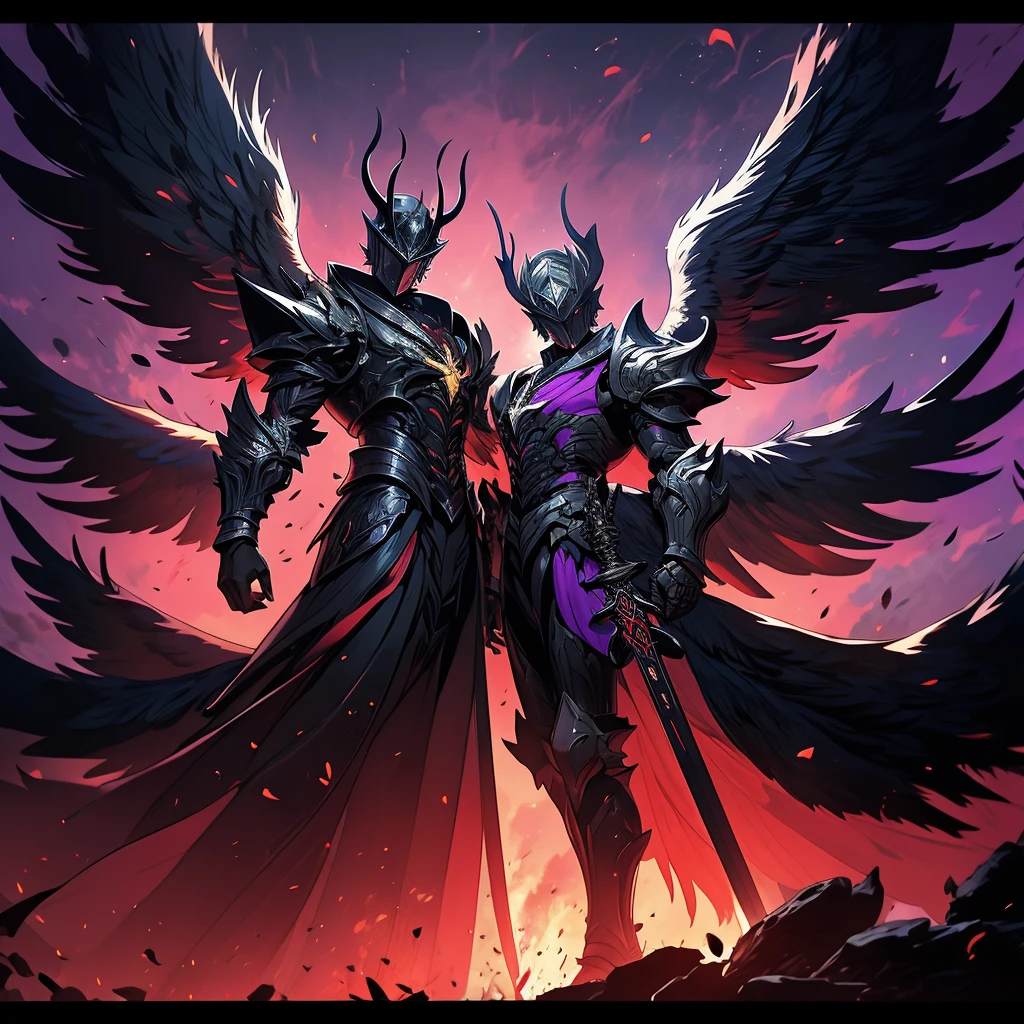 argus, red wings with black, fire wings, black armor with red edges, sword mitica, scene in crimson forest, escenario luna de blood, fire in the face, aurora of fire, purple background, fire in the wings, blood, luna de blood, blood en las alas, ultra hd, high quality, maximum quality, Fallen Angel, argus, full body, red armor, black background, escenario luna de blood, black wings, black edges, absurd resolution, High resolution, (masterpiece), alas de blood, fire wings, Fire ring, dark dawn, red aura, sword, sword maestra, mythic sword, carmesi moon background, purple background, 2 men