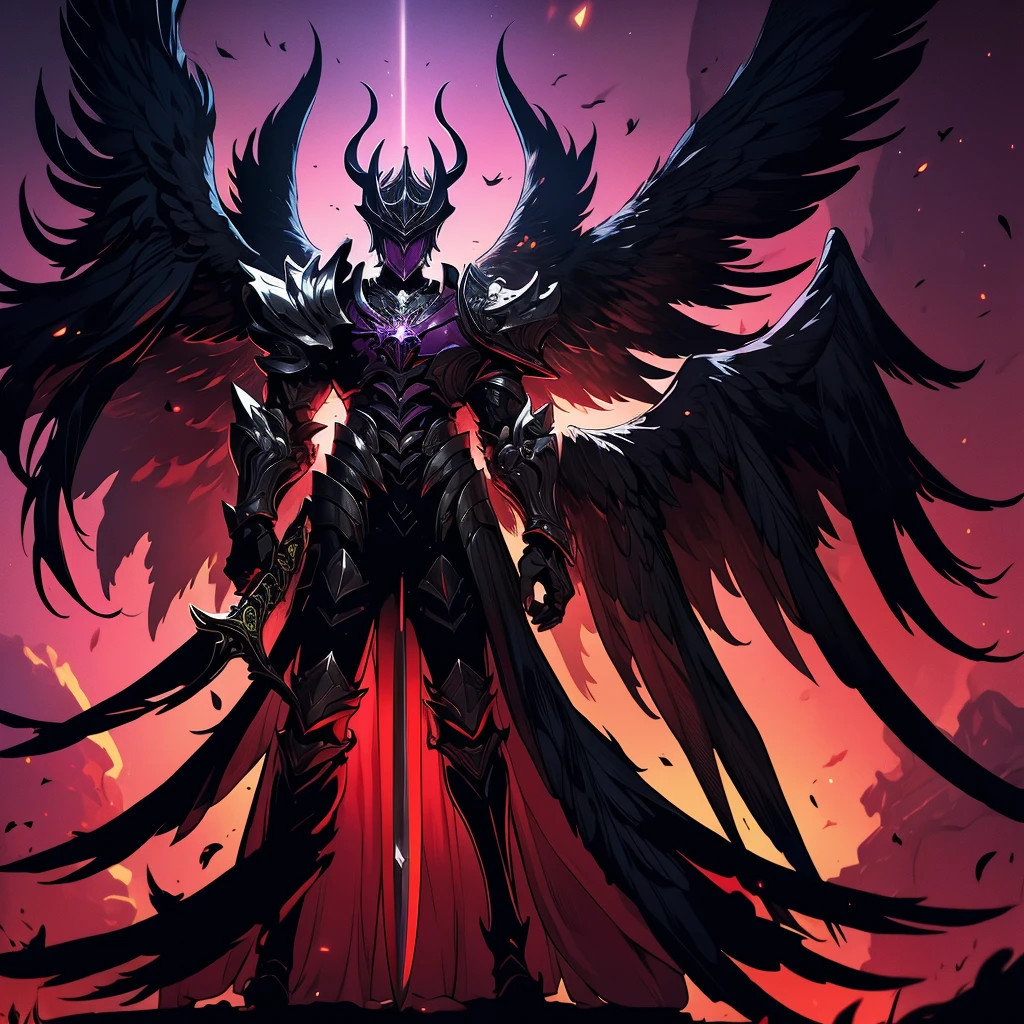 argus, red wings with black, fire wings, black armor with red edges, sword mitica, scene in crimson forest, escenario luna de blood, fire in the face, aurora of fire, purple background, fire in the wings, blood, luna de blood, blood en las alas, ultra hd, high quality, maximum quality, Fallen Angel, argus, full body, red armor, black background, escenario luna de blood, black wings, black edges, absurd resolution, High resolution, (masterpiece), alas de blood, fire wings, Fire ring, dark dawn, red aura, sword, sword maestra, mythic sword, carmesi moon background, purple background, 2 men