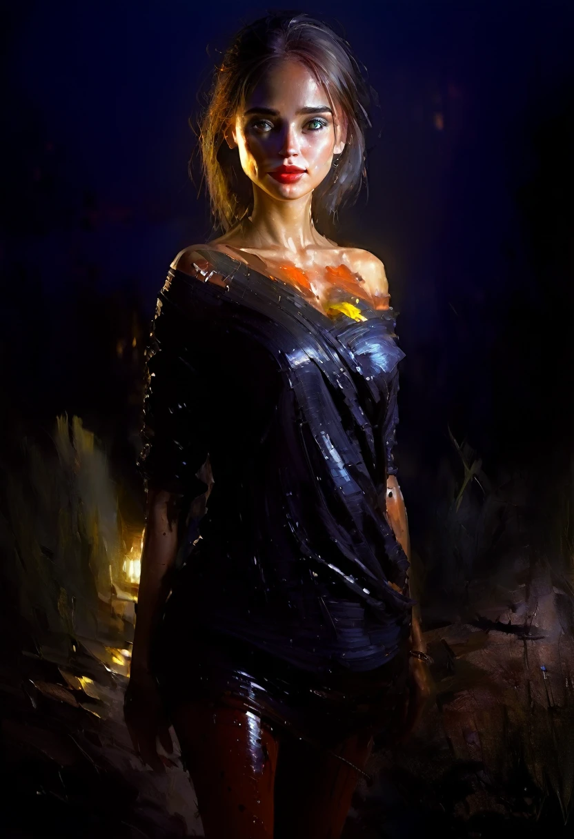 (sitting on a tree) (painting) (night horror ambience) (scary bloody face) blood, perfect eyes, fantastic but scary face, Indian, beautiful look, ((red lips, bright eyes, curve heir 1.5)), ((beautiful details very big breast ), A glorious gorgeous, glorious gorgeous face, pretty face, bright eyes, white saree, updo elegant hair, blurred gray tones background, ultra focus, face ilumined, face detailed, 8k resolution, painted, dry brush, brush strokes, razumov style and garmash style, full body,night ambience