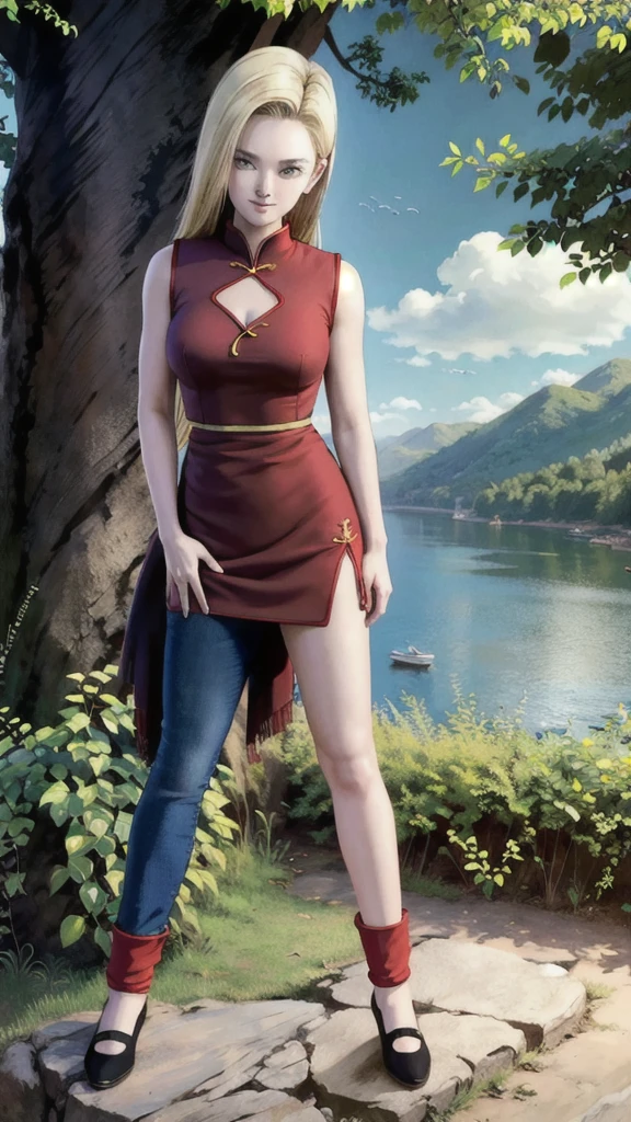 android 18,blonde hair,(((long hair))),blue eyes,(long slit red sexy cheongsam), (Red),looking at the audience,face smile,close-up,river,rock,tree,blue sky,high quality,masterpiece,sexy body, sexy Red Dress, red,perfect big breasts, Hyperrealistic intricate detail, Cinematic, 8K resolution, 70mm, Accent Lighting, Global Illumination, Full body portrait, clean detailed faces,