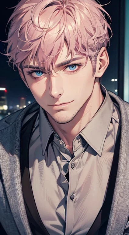 (best quality,4k,8k,highres,masterpiece:1.2),ultra-detailed,(realistic,photorealistic,photo-realistic:1.37),1 man,31 years old,mature man,very handsome,without expression,smile,short grey pink hair,blue eyes,penetrating gaze,perfect face without errors,imposing posture,businessman,office background,cinematic lighting,hdr image