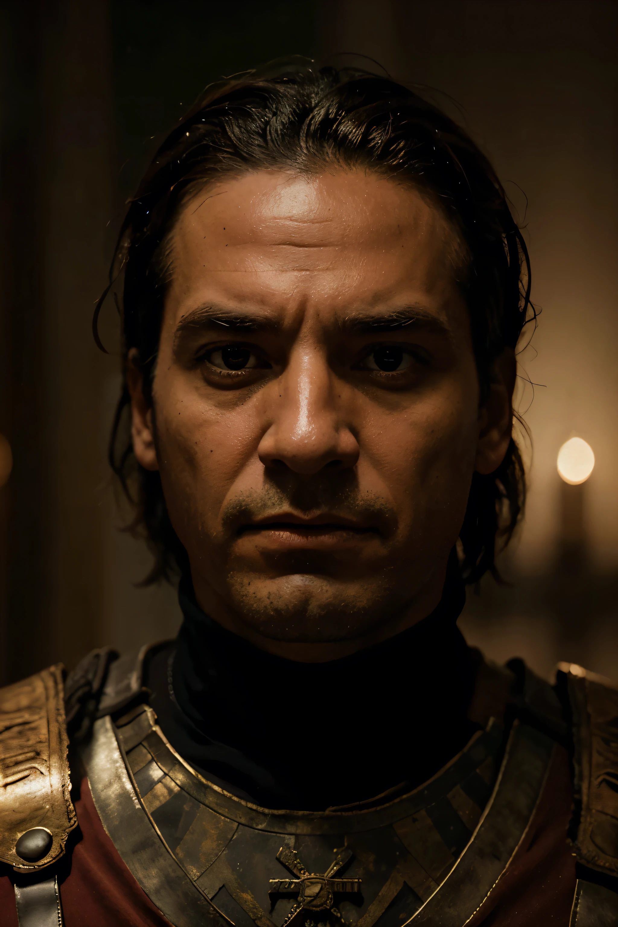 Create super realistic cinematic style image of Spanish conquering emperor Hernán Cortez with mocking face and glowing eyes