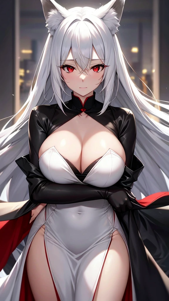 An adult woman half fox and wolf, large breasts, red eyes, white hair, very shy, with an open black dress, wanting a hug