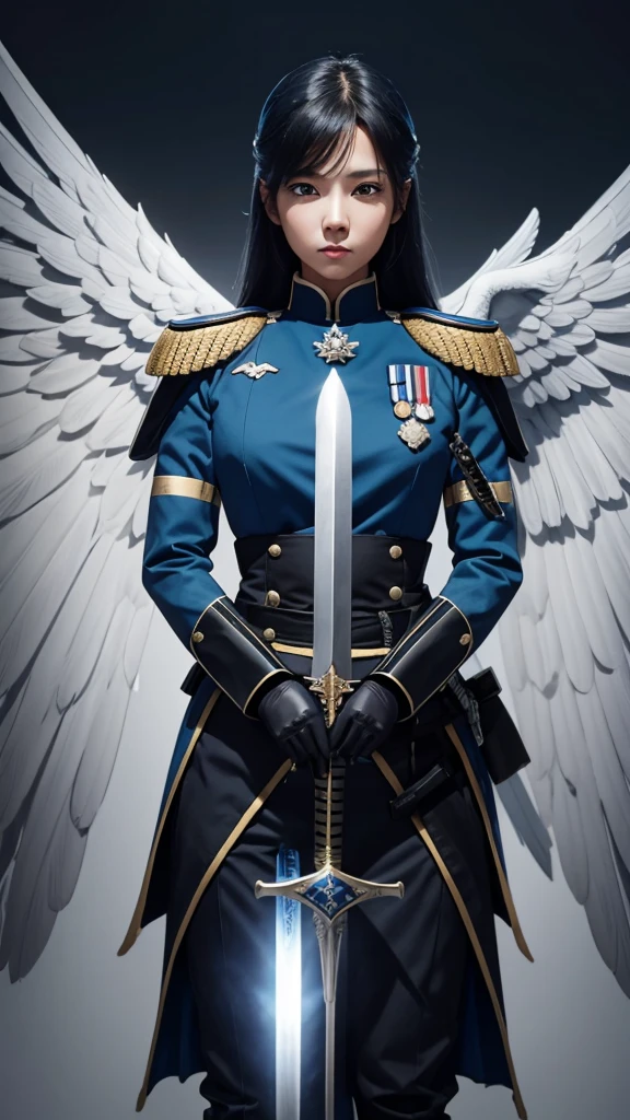 Imperial military with blue and black uniform, two swords of light and blue wings