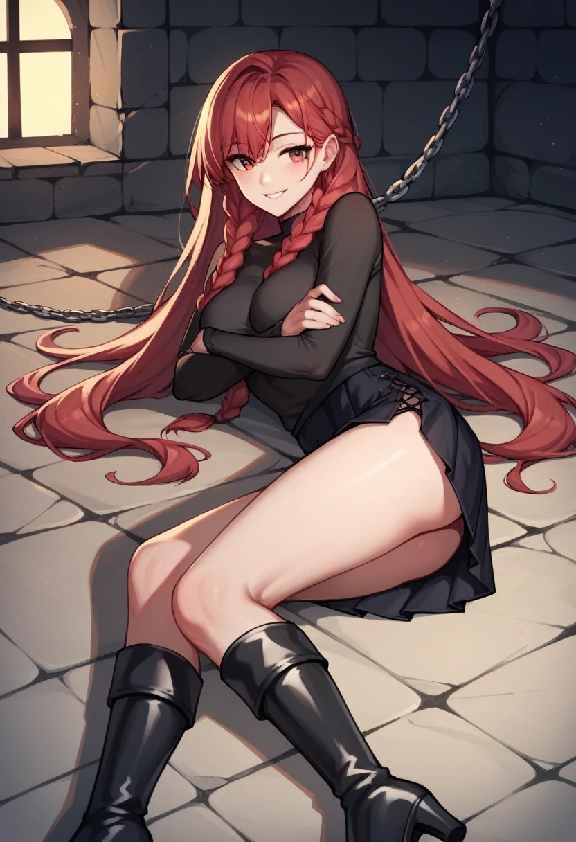 score_9, score_8_up, score_7_up, score_6_up, score_5_up, score_4_up, source_anime, 1girl, she was lying down, smile, red hair, braids, close eyes, w-w-chain, crossed arms, long hair, black shirt, skirt, very high boots, black boots, platforms, night, dungeon, best quality, best res, 4K UHD,