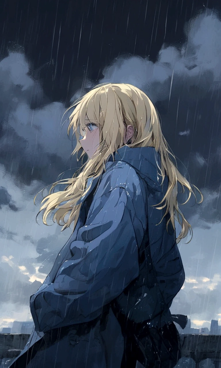 Sad girl,cry,darkness,Rain sky,。.。.。.。.。.。.。.。.。.。.。.。.。.。.。.。,Upscale,hard disk,Blonde short,is crying,with his back turned