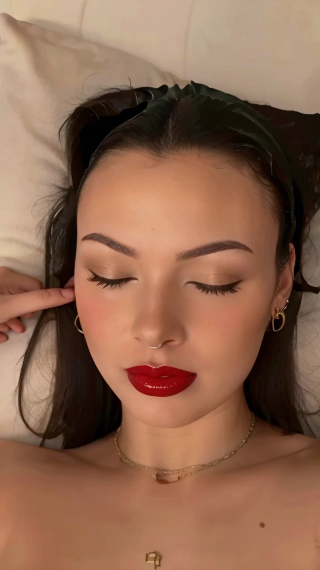 Lucia, nude, , , in a luxury room, close up, , pointing her face, red lipstick , eyes closed , lying , from above