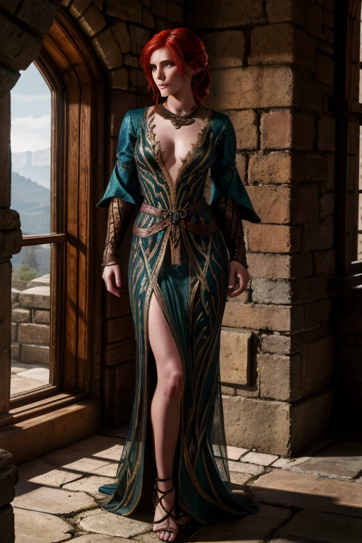 Triss Merigold in a frankly vulgar dress against the backdrop of a medieval stone room near the window, fantasy style 