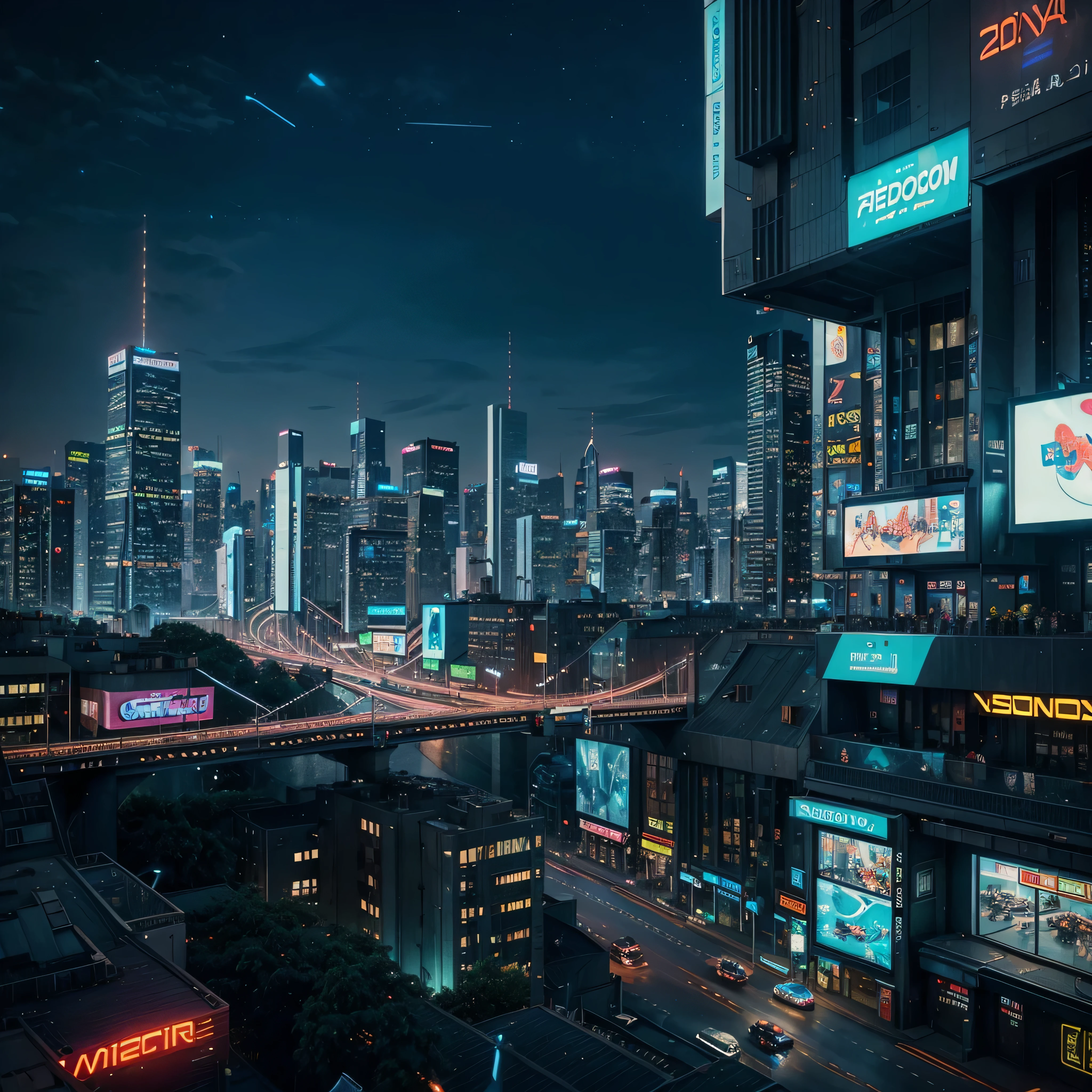 Produce a futuristic cityscape at night with neon lights, flying cars, and holographic billboards. Capture the essence of a bustling metropolis with advanced technology and innovative architectural designs
