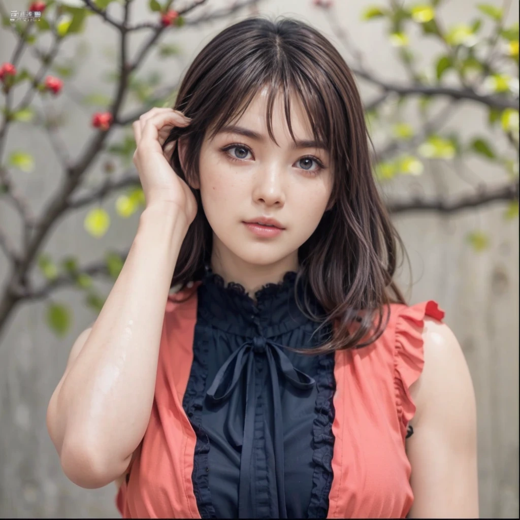 kasumi, eyes browns, (best qualityer, ultra detali), (realisitic:1.37), beautiful and detailed face, ultra-realisitic texture, 精致的面容, Delicate body, red lipgloss stick, shiny colors. High definition, 8K.