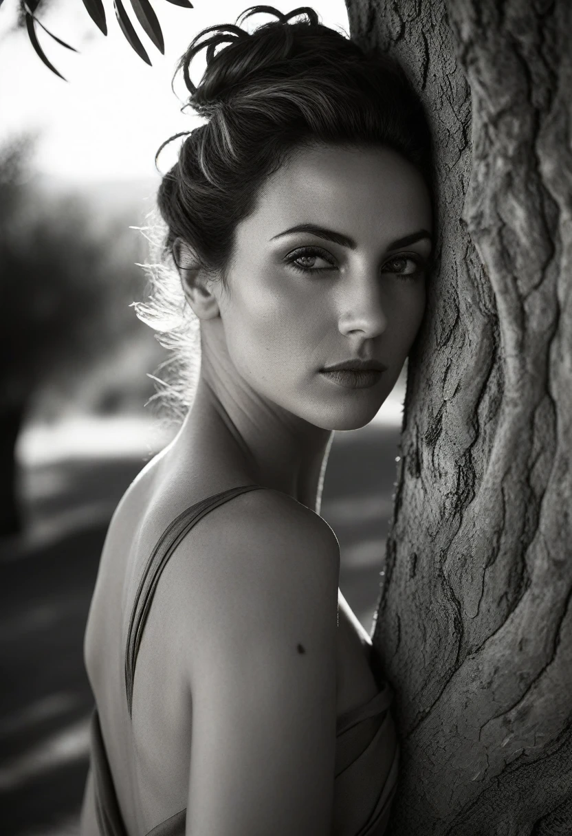 cucoloris patterned illumination with shadow of Olive Tree leaves projected on her body, (stern look), (bare shoulders), (B&W), (portrait), (closeup), cinematic film, incredibly beautiful 35 years old Mediterranean woman leaning at an trunk of an old olive tree wrinkled and twisted by the wind, candid expression, elegant pose. messy hair bun, looking over shoulder, lighting from the side, shadows, femme fatale, lips, eyelashes, profile, highly realistic, shallow depth of field, vignette, highly detailed, high budget, bokeh, cinemascope, moody, epic, gorgeous, film grain, grainy, burlesque, (natural skin), casting shadow style,