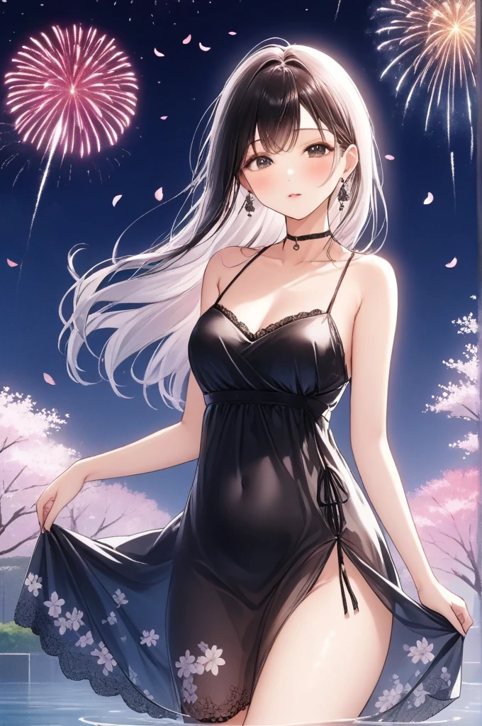 Loose clothing、cropped shoulders、Dark string dress、How to wear a black dress、Decorated with intricate patterns and bright colors、transparent materialakes skin shiny、The artwork depicts seductive female dresses wearing damp cloth and transparent skin, Floral and dreamy patterns,Traditional clear skin,Smooth as silky smooth。Her dress draped elegantly over her curvaceous figure、Emphasize her captivating silhouette。She is a gentle night of fireworks、Dynamic posing、sexyposture、Bask in soft moonlight。The scene is、With a touch of mystery and sexiness、It exudes an ethereal dreamy atmosphere。The image style is、It combines watercolor and digital illustration techniques.、Let you feel the exquisite beauty and charm。soft moonlight lighting、casting soft highlights and shadows on her charming features。Dynamic posing、Bold Pose、The hand is somewhere、ssee-through、show through、A sexy、Wet hair、Wet、(the cherry trees、Flower petals、SakuraNS、the cherry trees、Sakura Blizzard 1.5)、submerged、Transparent skin、Wet clothes、(Chest 1.2)、Navel Ejection、Swaying in the wind、Burgundy、pale red、(Laziness 1.5)、Lace color、lace choker、choker necklace、Lie on your back on the water、New lining、tassel jhumka earrings