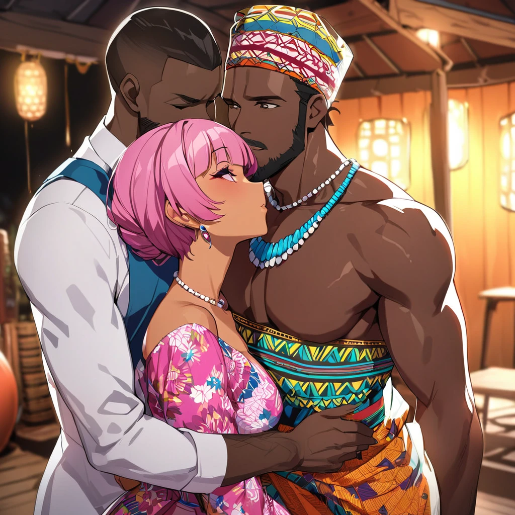 ((Highest quality)), ((masterpiece)), (detailed), （Perfect Face）、The woman is Momo Belia Deviluke, a Ghanaian by birth, with a vibrant dark skin, and is wearing a vibrant Ghanaian dress, a vibrant headscarf, gorgeous jewellery and an engagement ring.、The woman is the elegant Momo Belia Deviluke, with short pink bob hair, a colorful Ghanaian dress, a colorful headscarf, and vivid dark brown skin. She is a natural-born black and Ghanaian.、（The woman is a black Ghanaian with vivid dark brown skin.）、A woman is seen kissing a dignified, muscular, bearded, middle-aged Ghanaian man in a village in Ghana、The man is the woman&#39;s husband, a dignified, muscular, middle-aged Ghanaian with a beard, wearing colorful Ghanaian traditional clothing and wearing an engagement ring.