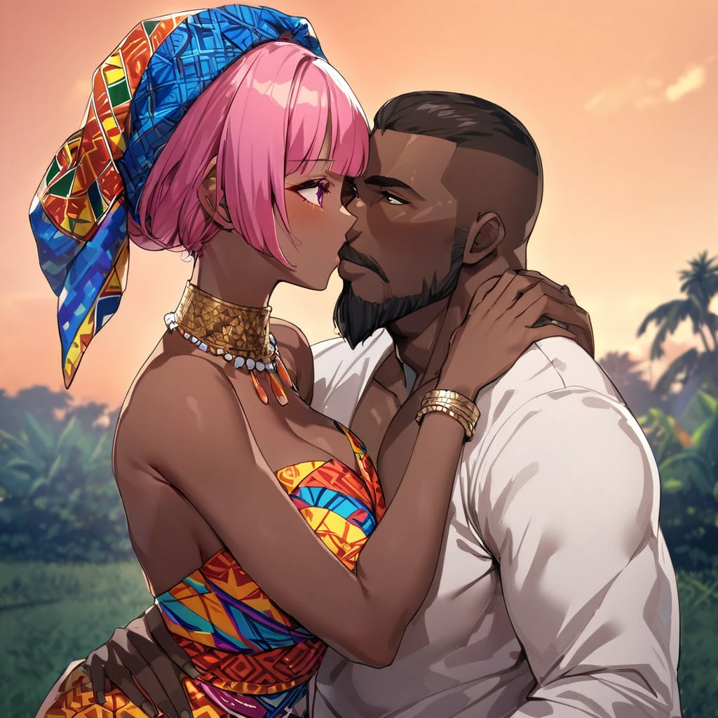 ((Highest quality)), ((masterpiece)), (detailed), (Perfect Face)、The woman is Momo Belia Deviluke, a Ghanaian by birth, with a vibrant dark skin, and is wearing a vibrant Ghanaian dress, a vibrant headscarf, gorgeous jewellery and an engagement ring.、The woman is the elegant Momo Belia Deviluke, with short pink bob hair, a colorful Ghanaian dress, a colorful headscarf, and vivid dark brown skin. She is a natural-born black and Ghanaian.、(The woman is a black Ghanaian with vivid dark brown skin.)、A woman is seen kissing a dignified, muscular, bearded, middle-aged Ghanaian man in a village in Ghana、The man is the woman's husband, a dignified, muscular, middle-aged Ghanaian with a beard, wearing colorful Ghanaian traditional clothing and wearing an engagement ring.