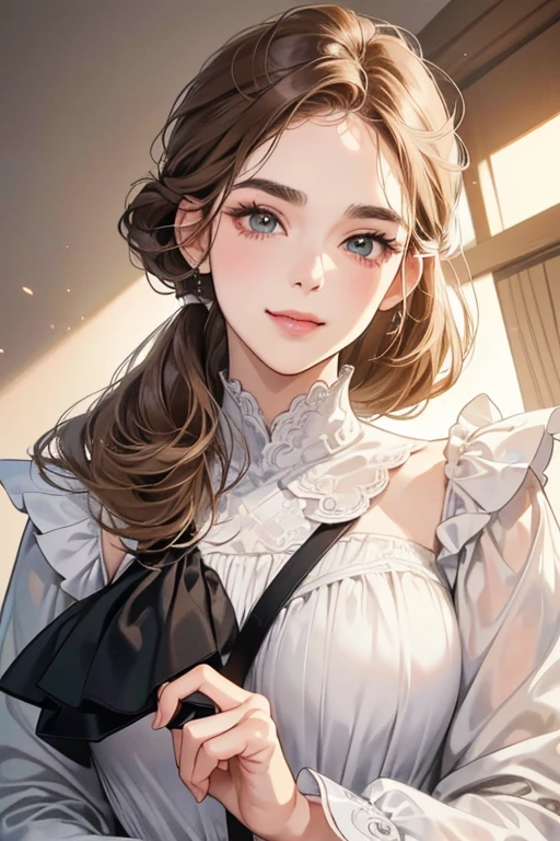 (Tabletop, Digital Art, Digital illustration, 4K, 8K, Super detailed, Beautiful images, Clear images, Realistic, Raw photo, Perfect Face, Perfect Lines, Perfect Eyes, Soft lighting) 1 female, (Light brown hair,Chignon Hair,Innocent look,Drooping eyebrows,Droopy eyes,With a round face,Round jaw、Innocence,cute,Big eyes,Natural Makeup,Smiling Kindly,E Cup,23 years old:1.3),Two handsome men in suits, (human,Man in suit,Muscular,Strong shoulder width,Adult male,Boyish hairstyle,A man in his 30s with a cool expression,A 28-year-old man with a bright smile:1.2)、Department store、Department Pa Underground、Cosmetics section、paints、Couple、Coupleキス、Romance Porn、見つめ合うCouple、ハグし合うCouple