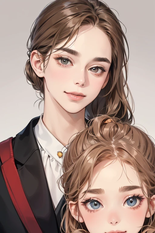 (Tabletop, Digital Art, Digital illustration, 4K, 8K, Super detailed, Beautiful images, Clear images, Realistic, Raw photo, Perfect Face, Perfect Lines, Perfect Eyes, Soft lighting) 1 female, (Light brown hair,Chignon Hair,Innocent look,Drooping eyebrows,Droopy eyes,With a round face,Round jaw、Innocence,cute,Big eyes,Natural Makeup,Smiling Kindly,E Cup,23 years old:1.3),Two handsome men in suits, (human,Man in suit,Muscular,Strong shoulder width,Adult male,Boyish hairstyle,A man in his 30s with a cool expression,A 28-year-old man with a bright smile:1.2)、Department store、Department Pa Underground、Cosmetics section、paints、Couple、Coupleキス、Romance Porn、見つめ合うCouple、ハグし合うCouple