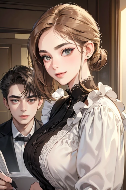 (Tabletop, Digital Art, Digital illustration, 4K, 8K, Super detailed, Beautiful images, Clear images, Realistic, Raw photo, Perfect Face, Perfect Lines, Perfect Eyes, Soft lighting) 1 female, (Light brown hair,Chignon Hair,Innocent look,Drooping eyebrows,Droopy eyes,With a round face,Round jaw、Innocence,cute,Big eyes,Natural Makeup,Smiling Kindly,E Cup,23 years old:1.3),Two handsome men in suits, (human,Man in suit,Muscular,Strong shoulder width,Adult male,Boyish hairstyle,A man in his 30s with a cool expression,A 28-year-old man with a bright smile:1.2)、Department store、Department Pa Underground、Cosmetics section、paints、Couple、Coupleキス、Romance Porn、見つめ合うCouple、ハグし合うCouple