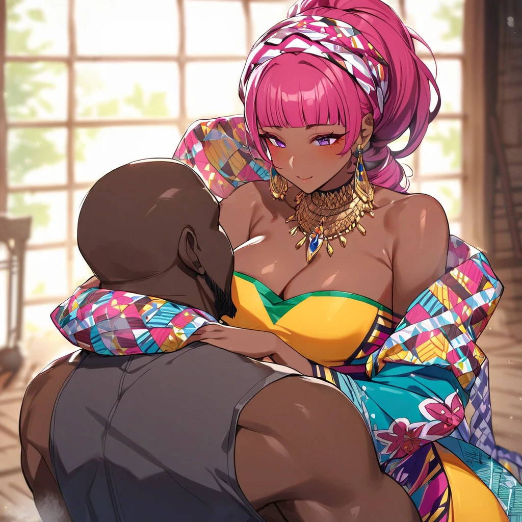 ((Highest quality)), ((masterpiece)), (detailed), (Perfect Face)、The woman is Momo Belia Deviluke, a Ghanaian by birth, with a vibrant dark skin, and is wearing a vibrant Ghanaian dress, a vibrant headscarf, gorgeous jewellery and an engagement ring.、The woman is the elegant Momo Belia Deviluke, with short pink bob hair, a colorful Ghanaian dress, a colorful headscarf, and vivid dark brown skin. She is a natural-born black and Ghanaian.、(The woman is a black Ghanaian with vivid dark brown skin.)、The woman is seen in a Ghanaian village, cuddling with a dignified, muscular, bearded, middle-aged Ghanaian man.、The man is the woman's husband, a dignified, muscular, middle-aged Ghanaian with a beard, wearing colorful Ghanaian traditional clothing and wearing an engagement ring.、the woman is pregnant