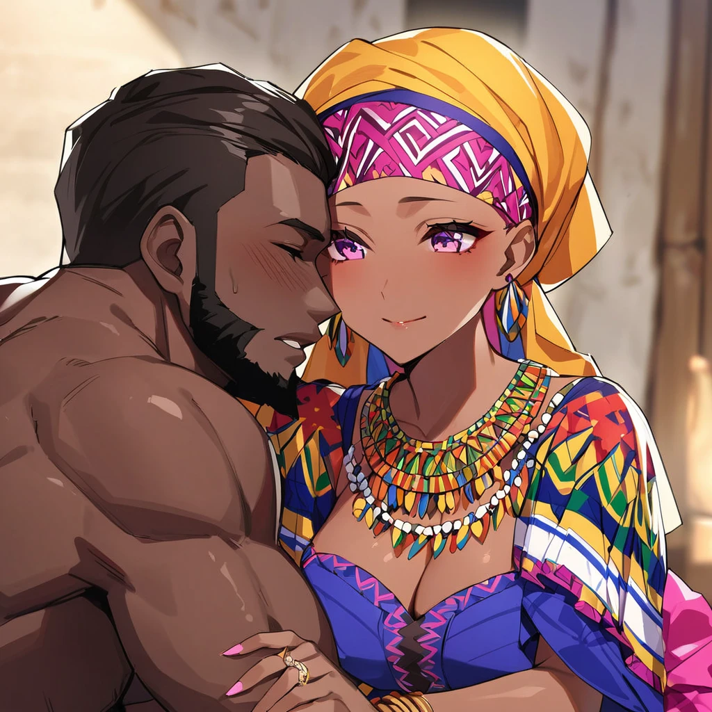 ((Highest quality)), ((masterpiece)), (detailed), (Perfect Face)、The woman is Momo Belia Deviluke, a Ghanaian by birth, with a vibrant dark skin, and is wearing a vibrant Ghanaian dress, a vibrant headscarf, gorgeous jewellery and an engagement ring.、The woman is the elegant Momo Belia Deviluke, with short pink bob hair, a colorful Ghanaian dress, a colorful headscarf, and vivid dark brown skin. She is a natural-born black and Ghanaian.、(The woman is a black Ghanaian with vivid dark brown skin.)、The woman is seen in a Ghanaian village, cuddling with a dignified, muscular, bearded, middle-aged Ghanaian man.、The man is the woman's husband, a dignified, muscular, middle-aged Ghanaian with a beard, wearing colorful Ghanaian traditional clothing and wearing an engagement ring.、the woman is pregnant