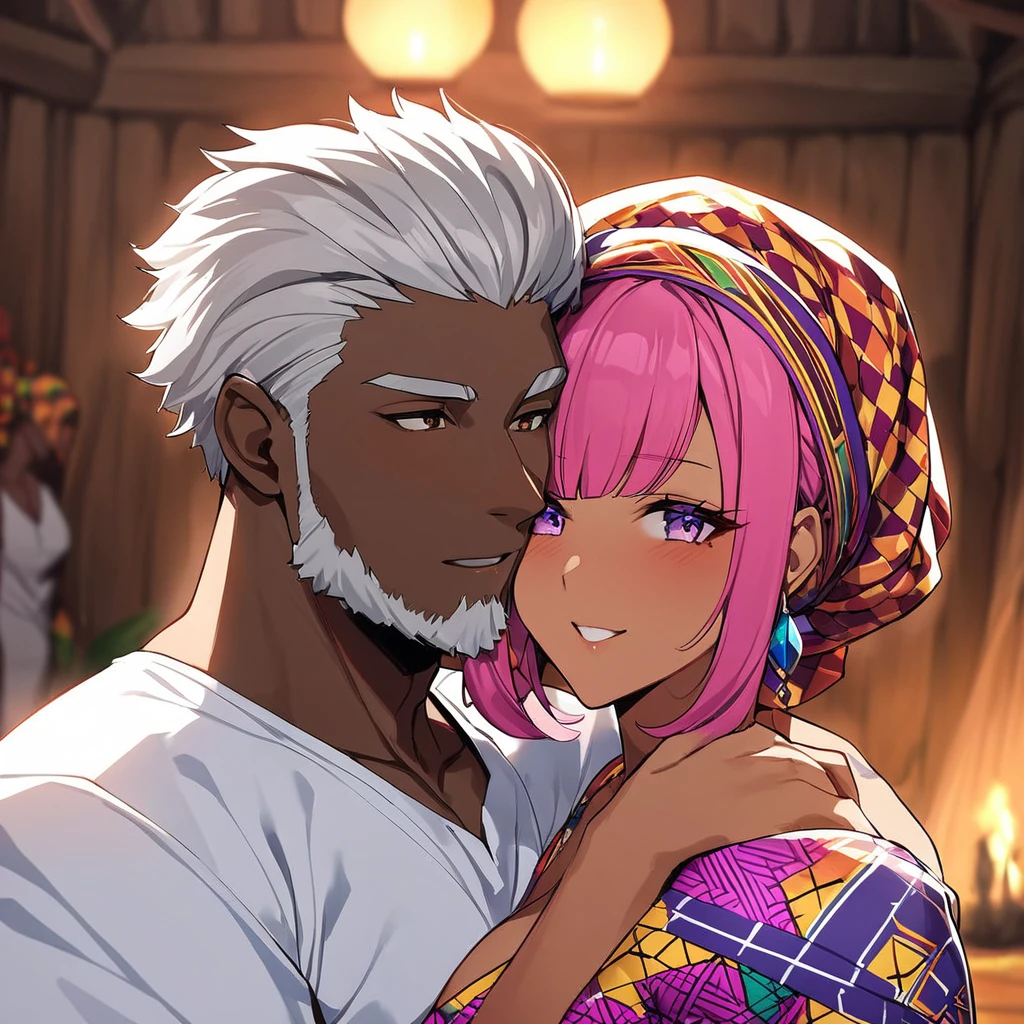 ((Highest quality)), ((masterpiece)), (detailed), (Perfect Face)、The woman is Momo Belia Deviluke, a Ghanaian by birth, with a vibrant dark skin, and is wearing a vibrant Ghanaian dress, a vibrant headscarf, gorgeous jewellery and an engagement ring.、The woman is the elegant Momo Belia Deviluke, with short pink bob hair, a colorful Ghanaian dress, a colorful headscarf, and vivid dark brown skin. She is a natural-born black and Ghanaian.、(The woman is a black Ghanaian with vivid dark brown skin.)、The woman is seen in a Ghanaian village, cuddling with a dignified, muscular, bearded, middle-aged Ghanaian man.、The man is the woman's husband, a dignified, muscular, middle-aged Ghanaian with a beard, wearing colorful Ghanaian traditional clothing and wearing an engagement ring.、the woman is pregnant