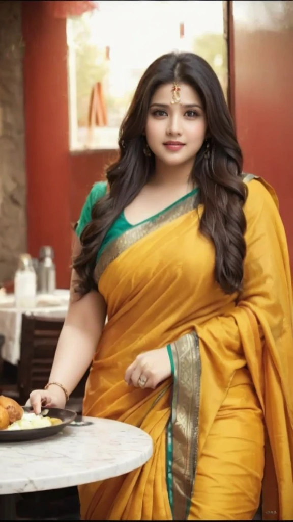 Indian cute girl 30 years old marriage life like, high - resolution women with a perfect figure Super fine face and eyes, slong hair, small Tank top Colour Wearing a traditional saree, bulky figure, huge big extra large and full chubby body, looking front, fair complexion, pond backgrounds. Hung breast, Plus size model, 4k, 8k,