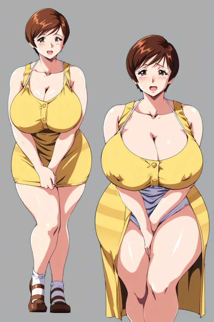 masterpiece, highest quality, High resolution, One girl, solo, sexual intercourse, Pornographic images, short hair, etsukoto, brown Eyes, fine grain, fine grain, (((Thick thighs, Plump thighs, Voluptuous thighs, Thighs alone are enough))), Huge and ample breasts, Cleavage, big long breasts, Naughty big,((big breasts are important))、((Naughty thighs)), L Cup, (thin:1.4),(Tight waist:1.4),  (yellow micro dress:1.4), ((white waist apron)), smile, open mouth, blush, white panties,  (((Simple Background))), ((Wide Hips)), Shiny, Oily skin, Mature mother, Calf, Seductive mature woman, milf, Perfect body, Plus Size Model, curvy, ample, etsukoto, blush, clavicle, retro artstyle, 1990s (style), (thick thighs:1.4), (from side:0.8),