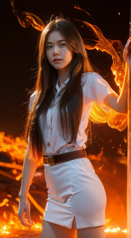 (fire element:1.1), medium long shot, It consists of fire element,fire,transparency,burning,(molten rock),Frame print,burning hair,smoke,cloud,chopped, girl engulfed in flames, Flames fly and sparks scatter,mano burning,translucent luminescence, 18s woman in thai university uniform, long straight fire hair, white shirt, black tight mini skirt, brown belt, white sneakers, masterpiece:1.2, high detail, realistic, cinematic scene, fire goddess, perfect figure, 16k, close up, portrait photo, dynamic pose