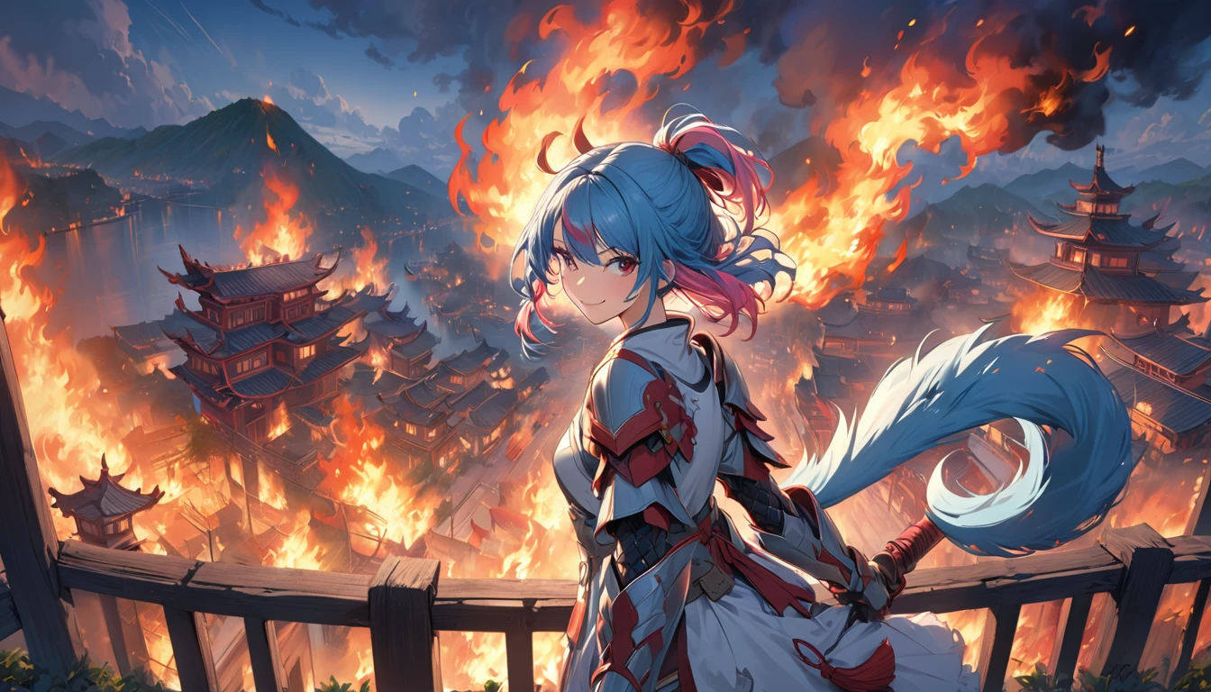 best quality, 4K, masterpiece, Extremely detailed, High Detail, 1 Girl, Solitary, Perry, Blue Hair, Hair covering one eye, Colorful hair, Double tail, Pink Hair, Red Eyes, Two-tone hair, armor, Smile, Burning city background