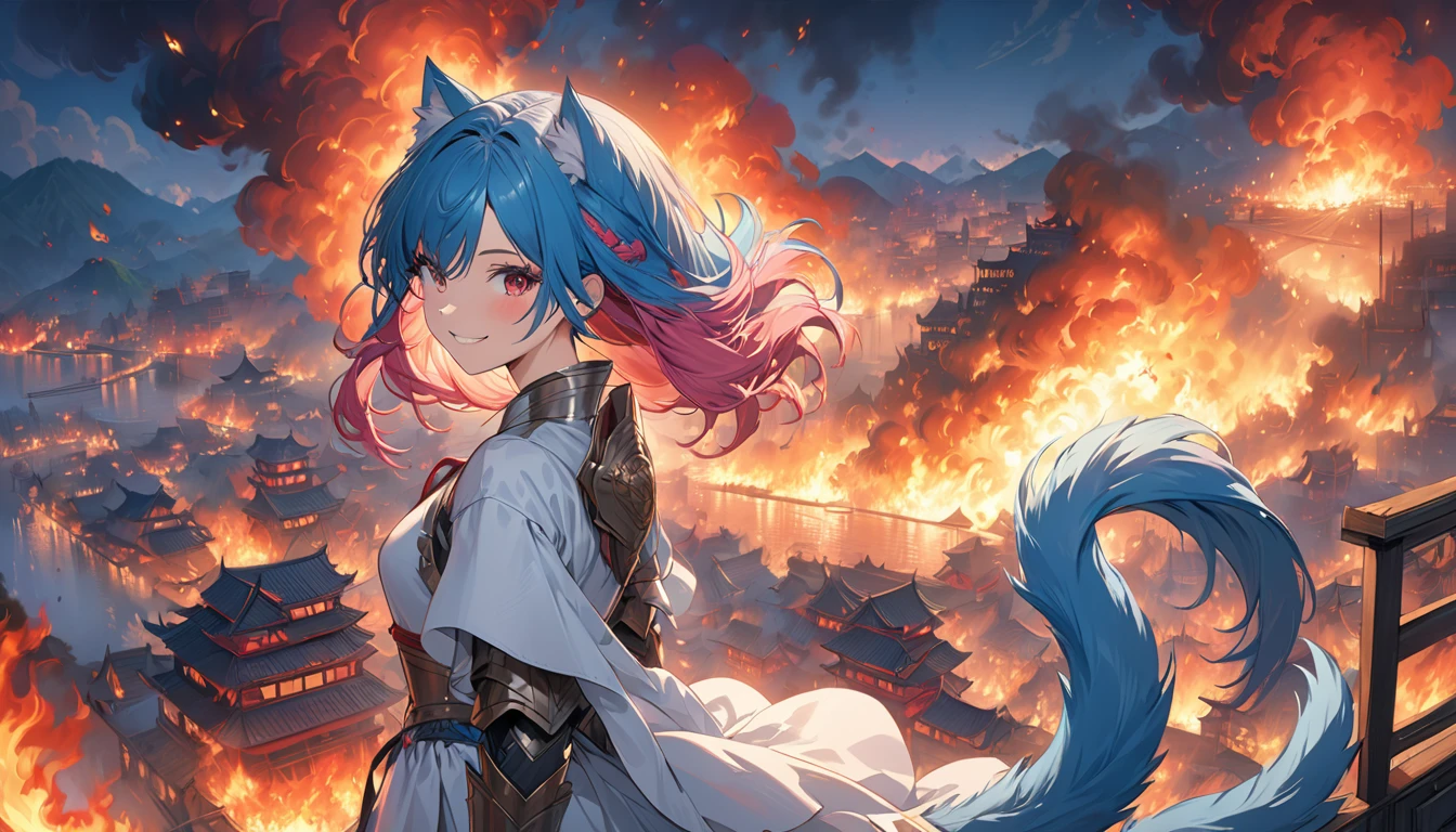 best quality, 4K, masterpiece, Extremely detailed, High Detail, 1 Girl, Solitary, Perry, Blue Hair, Hair covering one eye, Colorful hair, Double tail, Pink Hair, Red Eyes, Two-tone hair, armor, Smile, Burning city background