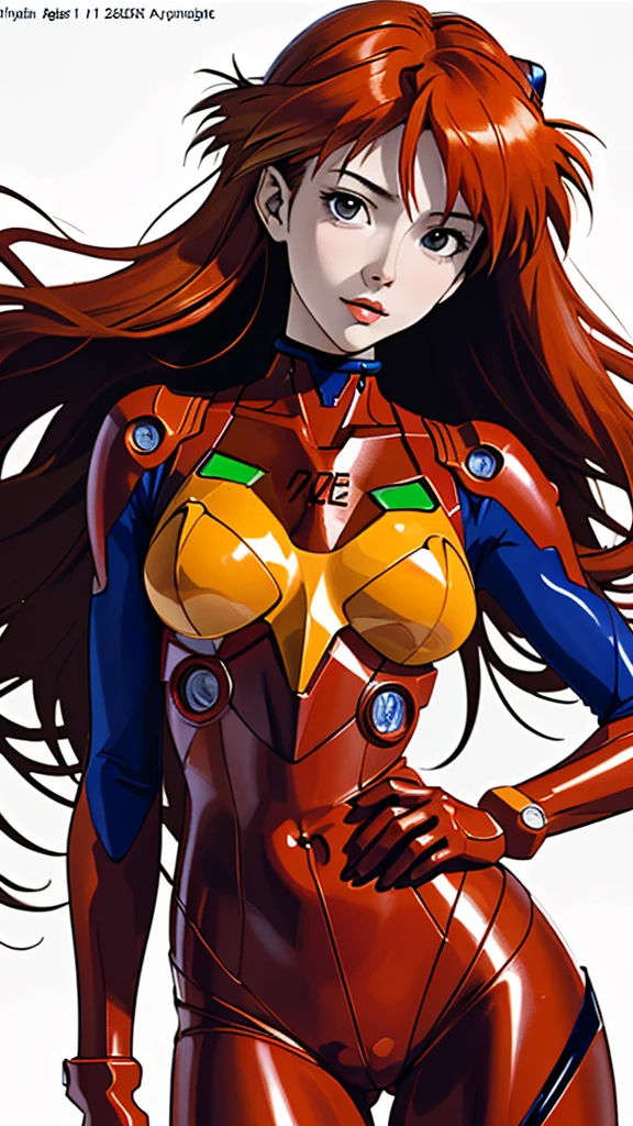 (Best quality, masterpiece, Colorful, dynamic angle, highest detailed)(asuka langley), upper body photo, fashion photo of a cute redhead girl with long hair (asuka langley), dressing  high detailed Evangelion red suit (high resolution textures), in a dynamic pose, hips, (complex parts, hyperdetailed:1.15), detailed, Sunlight passes through hair, monochrome splash art background(high contrast, official art, extreme detailed, highest detailed),
