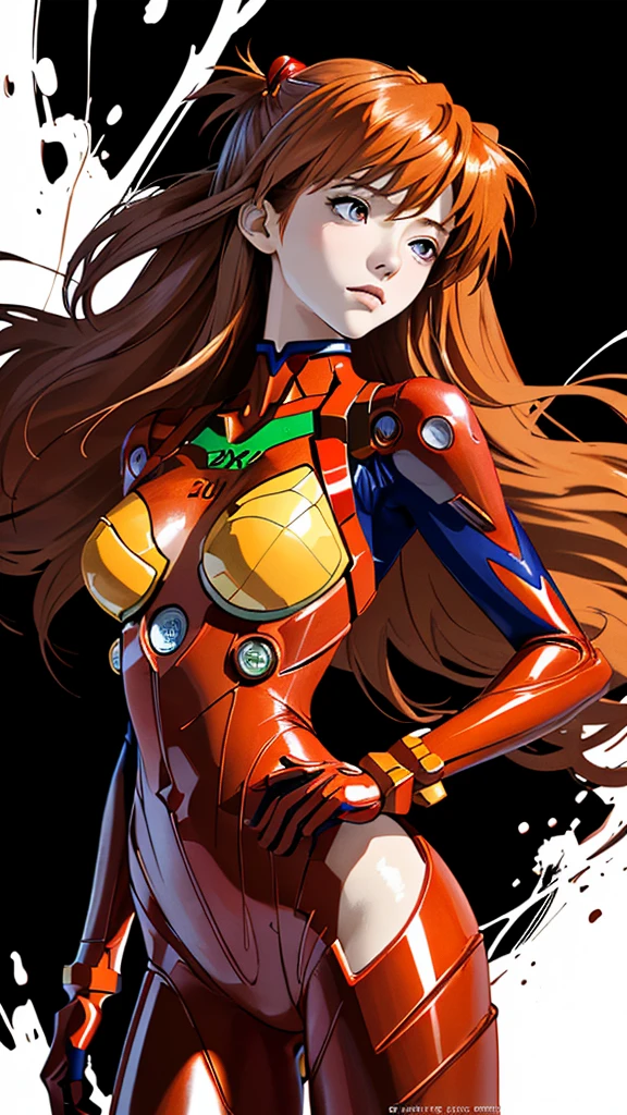 (Best quality, masterpiece, Colorful, dynamic angle, highest detailed)(asuka langley), upper body photo, fashion photo of a cute redhead girl with long hair (asuka langley), dressing  high detailed Evangelion red suit (high resolution textures), in a dynamic pose, hips, (complex parts, hyperdetailed:1.15), detailed, Sunlight passes through hair, monochrome splash art background(high contrast, official art, extreme detailed, highest detailed),